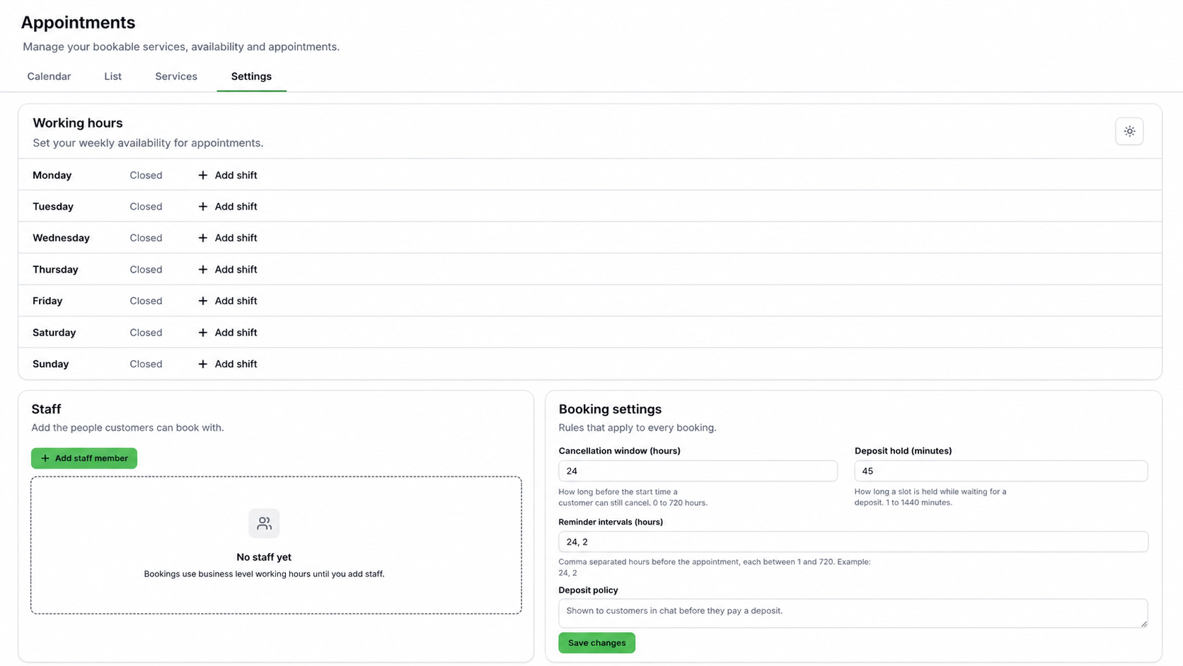 Public-safe Appointments settings showing working hours, optional staff, cancellation window, deposit hold, reminders, and deposit policy