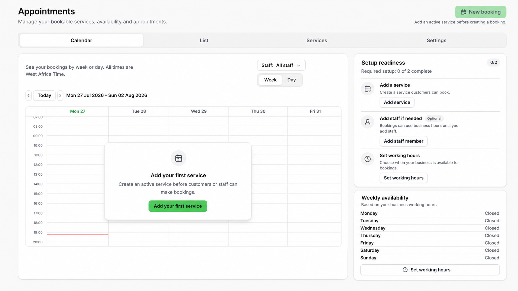 Appointments calendar showing setup readiness, weekly availability, and the first-service action