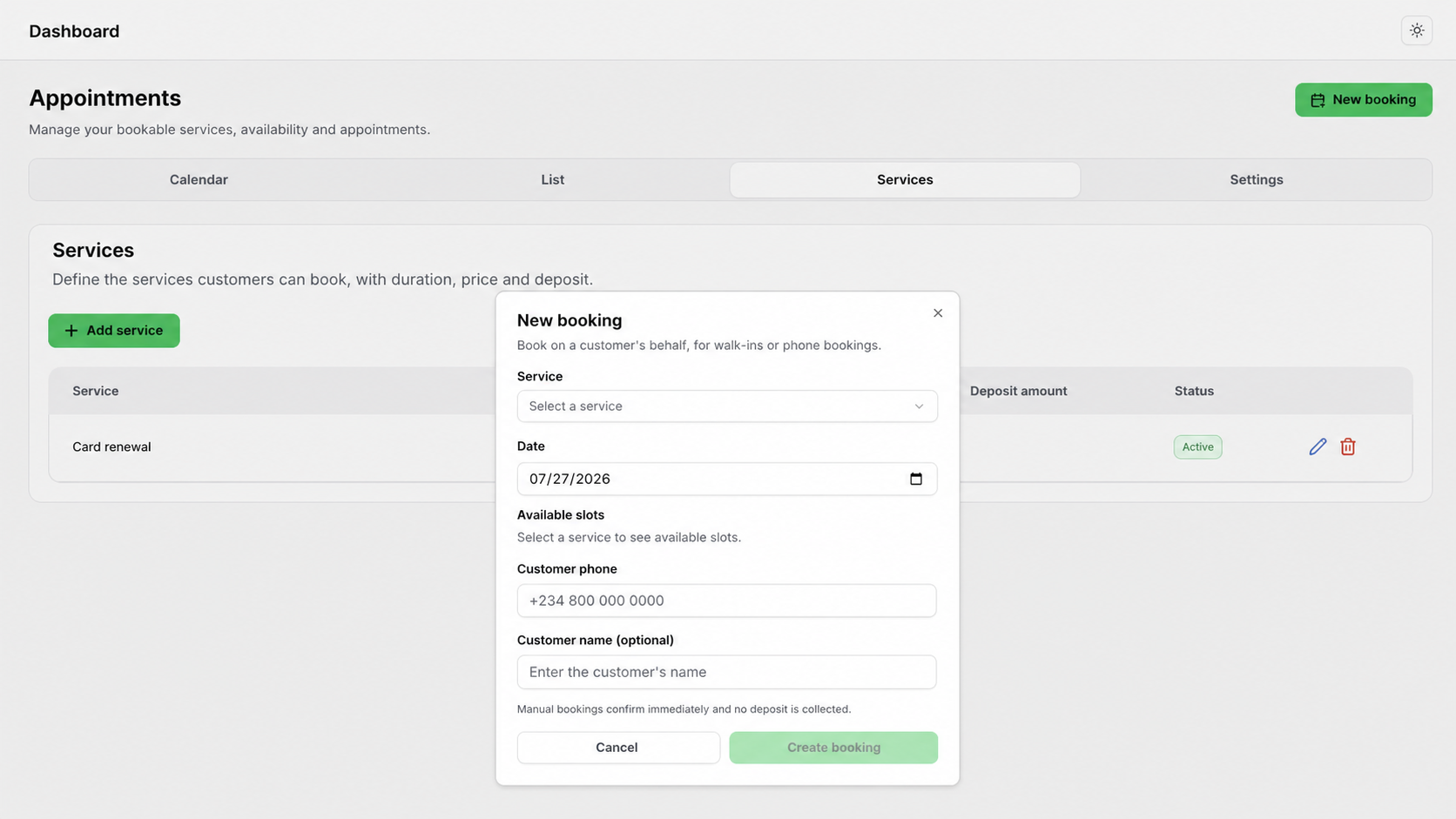 Public-safe New booking dialog for selecting a service, date, time, and customer details