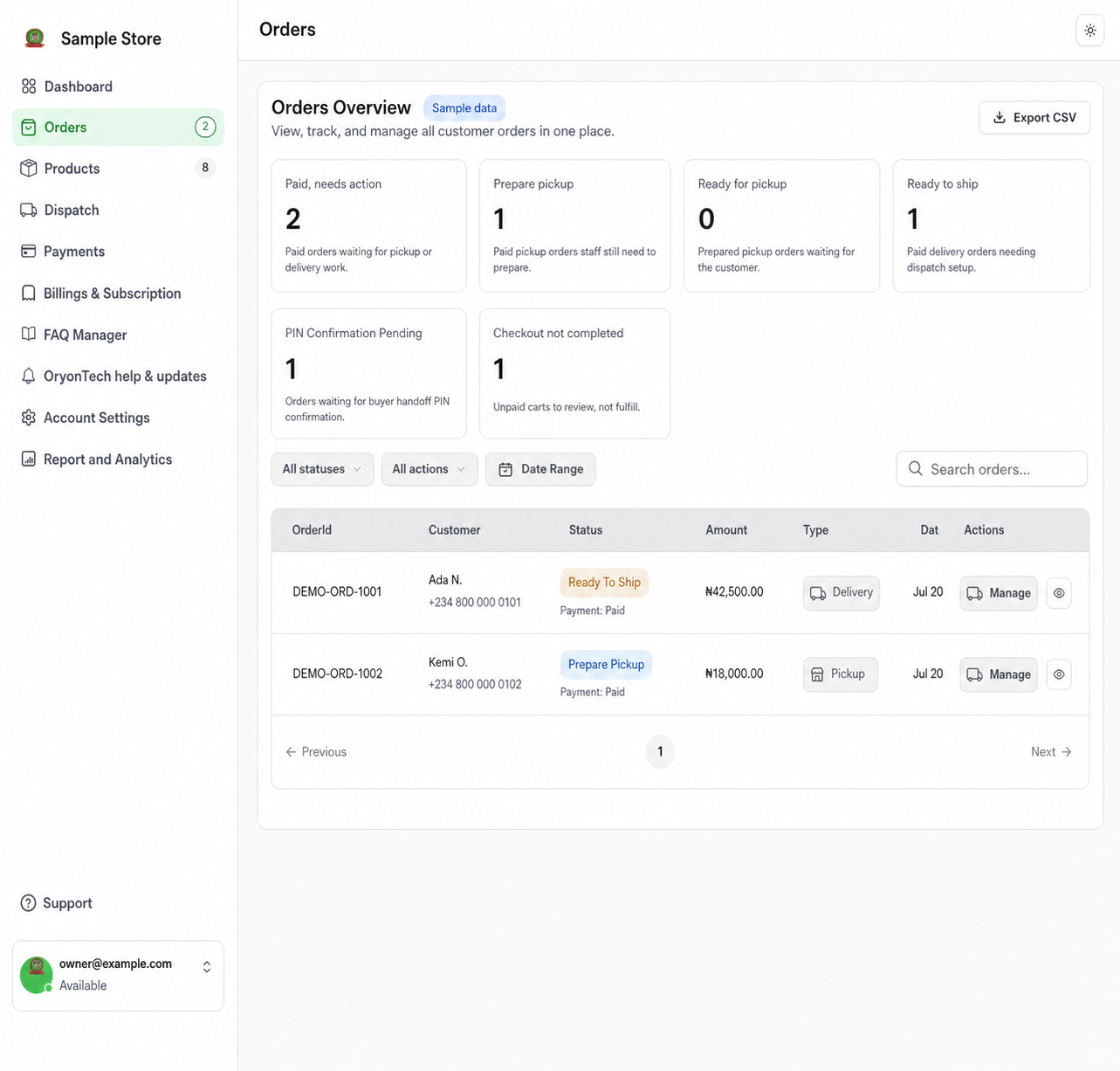 A sanitized order-management view showing order queues and status controls