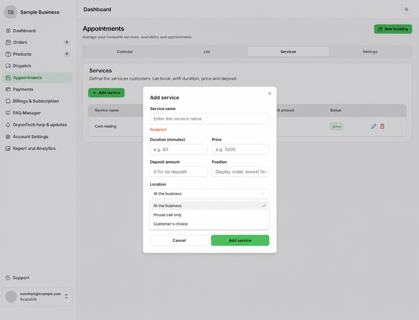 Public-safe Add service form showing service name, duration, price, deposit, display position, and location choices