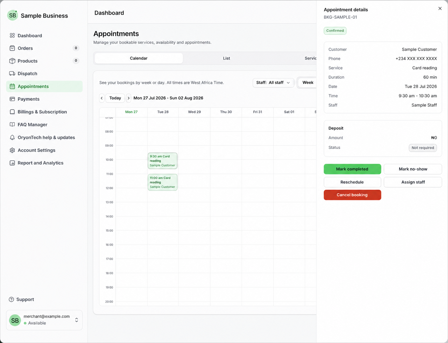 Public-safe appointment details panel showing a confirmed booking and the available lifecycle controls