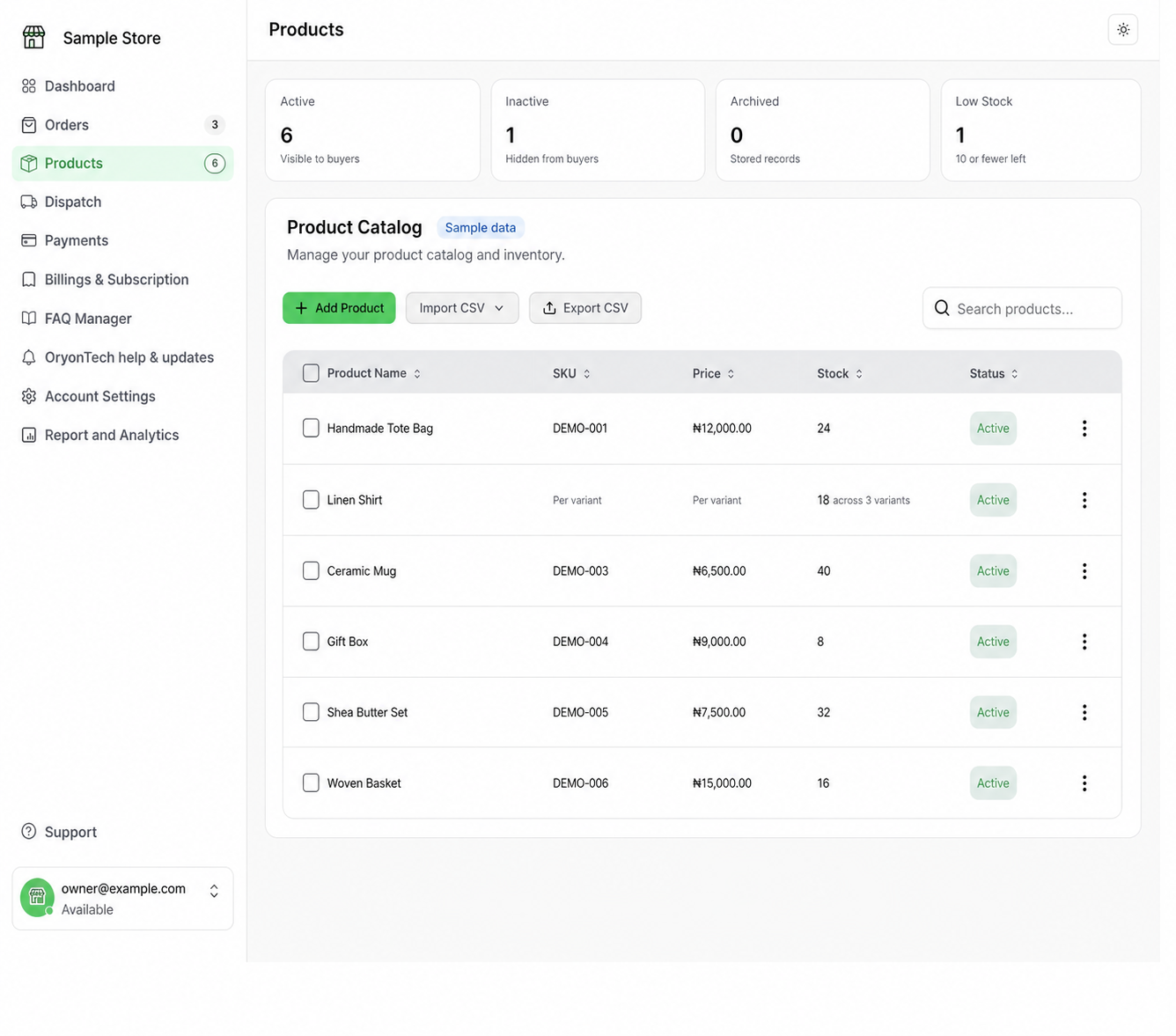 Sample product catalog showing active products, stock, SKUs, prices, and CSV controls