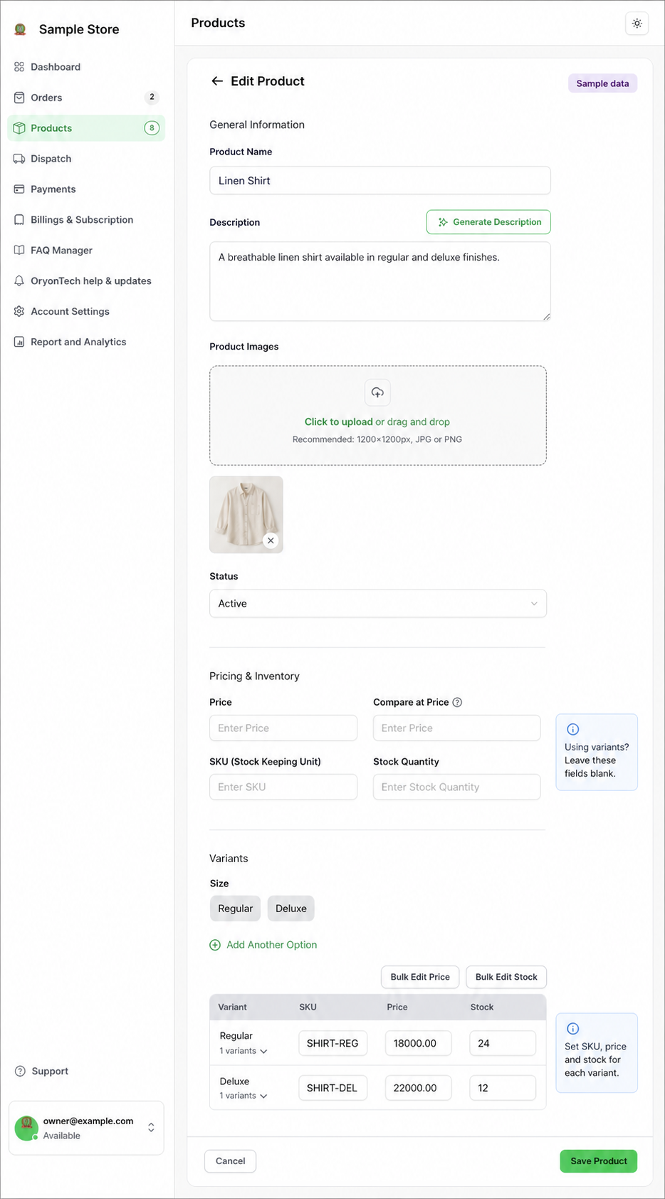 Sample product editor showing blank top-level price SKU and stock fields with values entered on individual variant rows