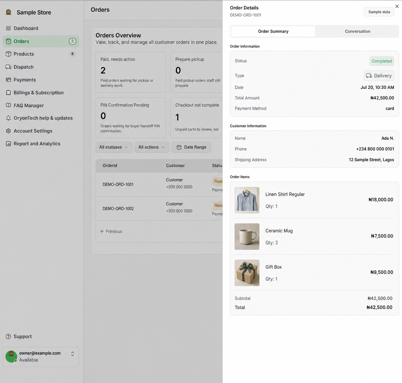 Sample order details panel showing order status, payment method, items, quantities, and totals