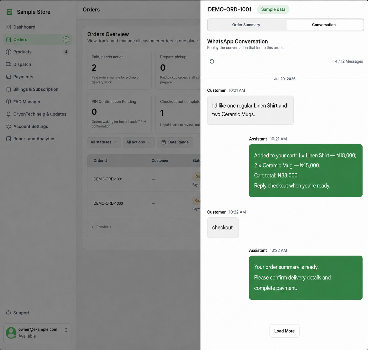 Sample order conversation showing how Agent as a Service helped a customer choose catalog items