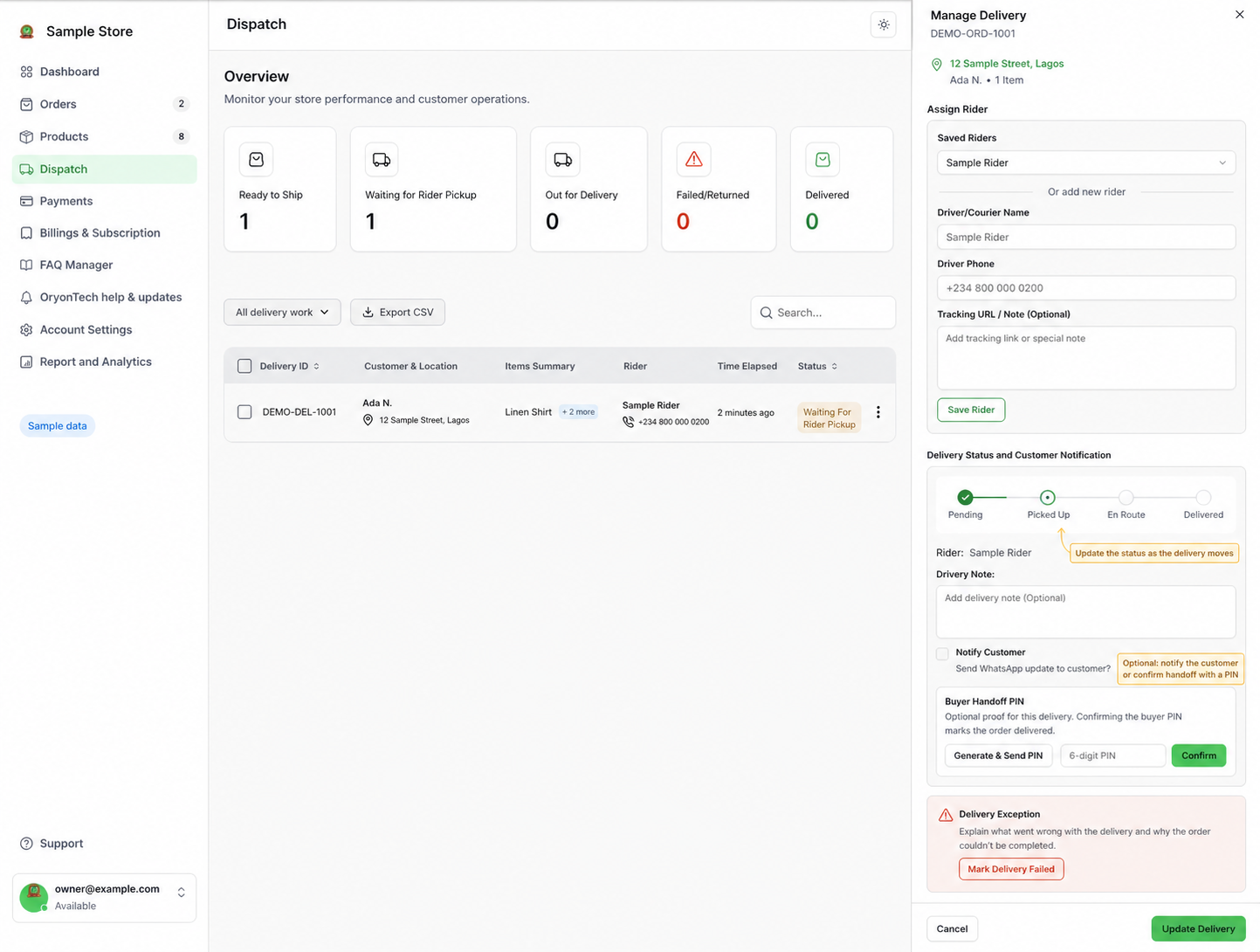 Sample dispatch workflow showing rider assignment, delivery milestones, customer notification, and buyer handoff PIN