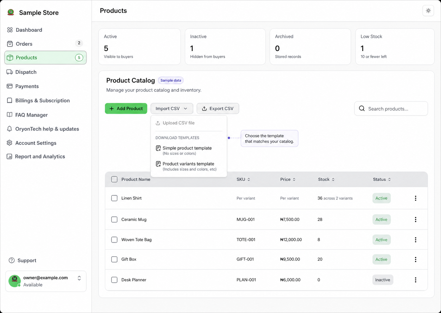 Sample product catalog with the Import CSV menu open and separate simple-product and product-variant templates