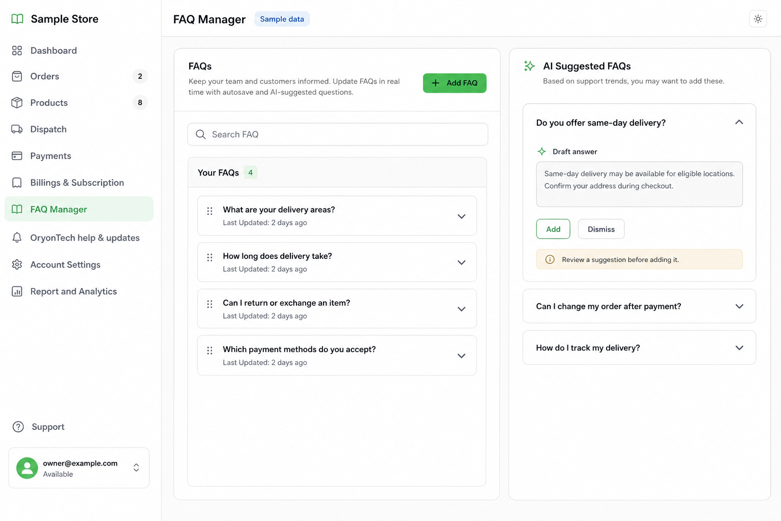 Sample FAQ Manager showing approved answers and suggestions without merchant or customer data