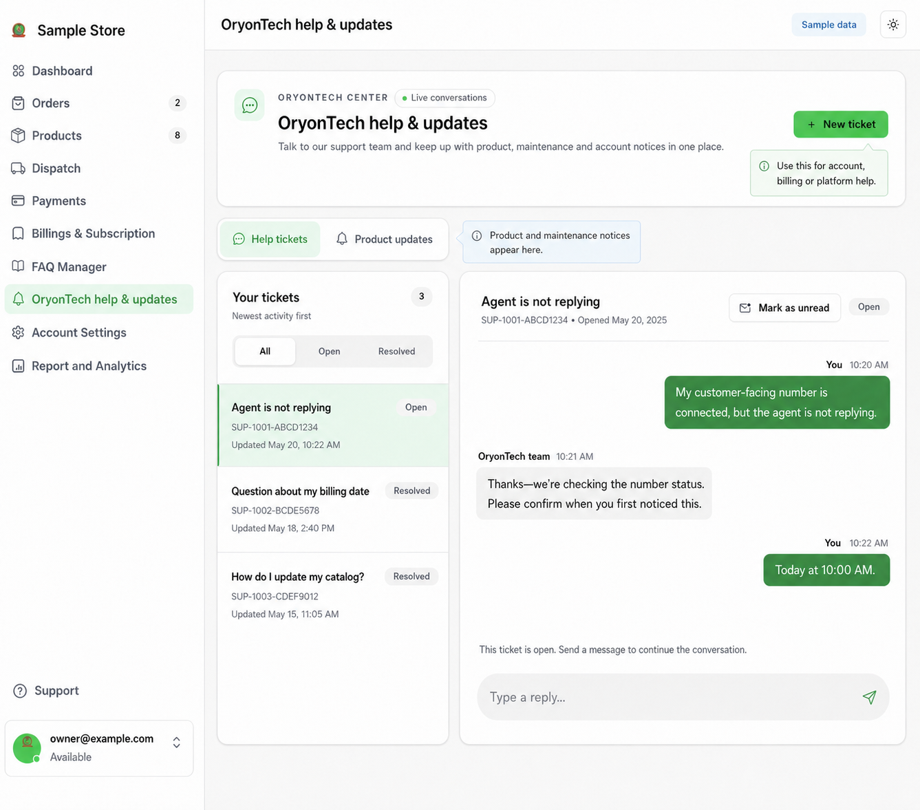 Sample OryonTech Help and Updates workspace showing help tickets and product updates