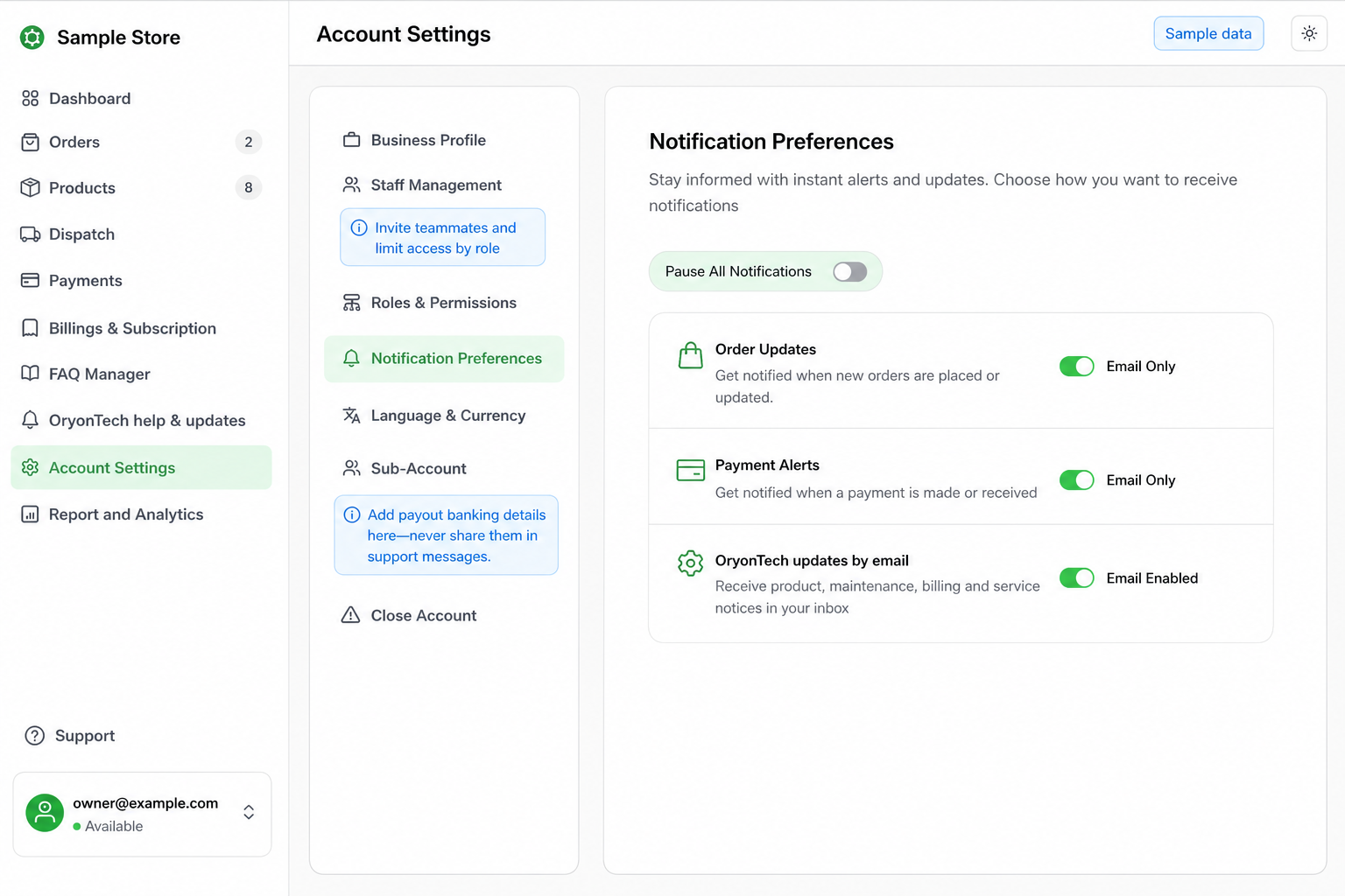Sample account settings screen for managing business profile, staff, notifications, currency, and payout controls