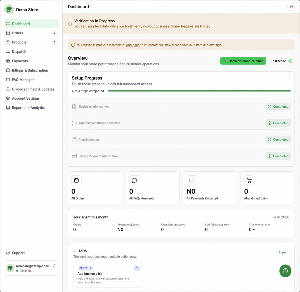 Sample OryonTech merchant dashboard showing verification in progress, Test Mode, completed setup steps, phone connection, and a To Do action