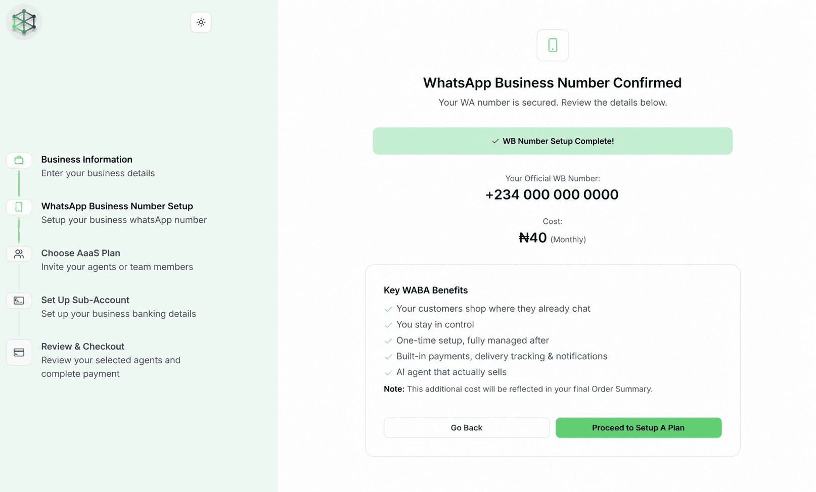 OryonTech onboarding screen confirming a sample WhatsApp Business number