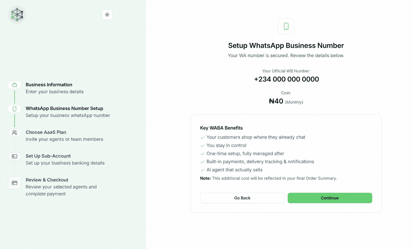 OryonTech onboarding screen for reviewing a sample dedicated WhatsApp Business number