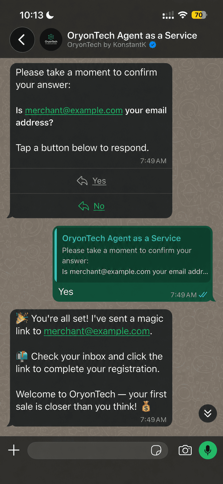 The OryonTech onboarding agent asks the merchant to confirm a sample email and sends a registration magic link