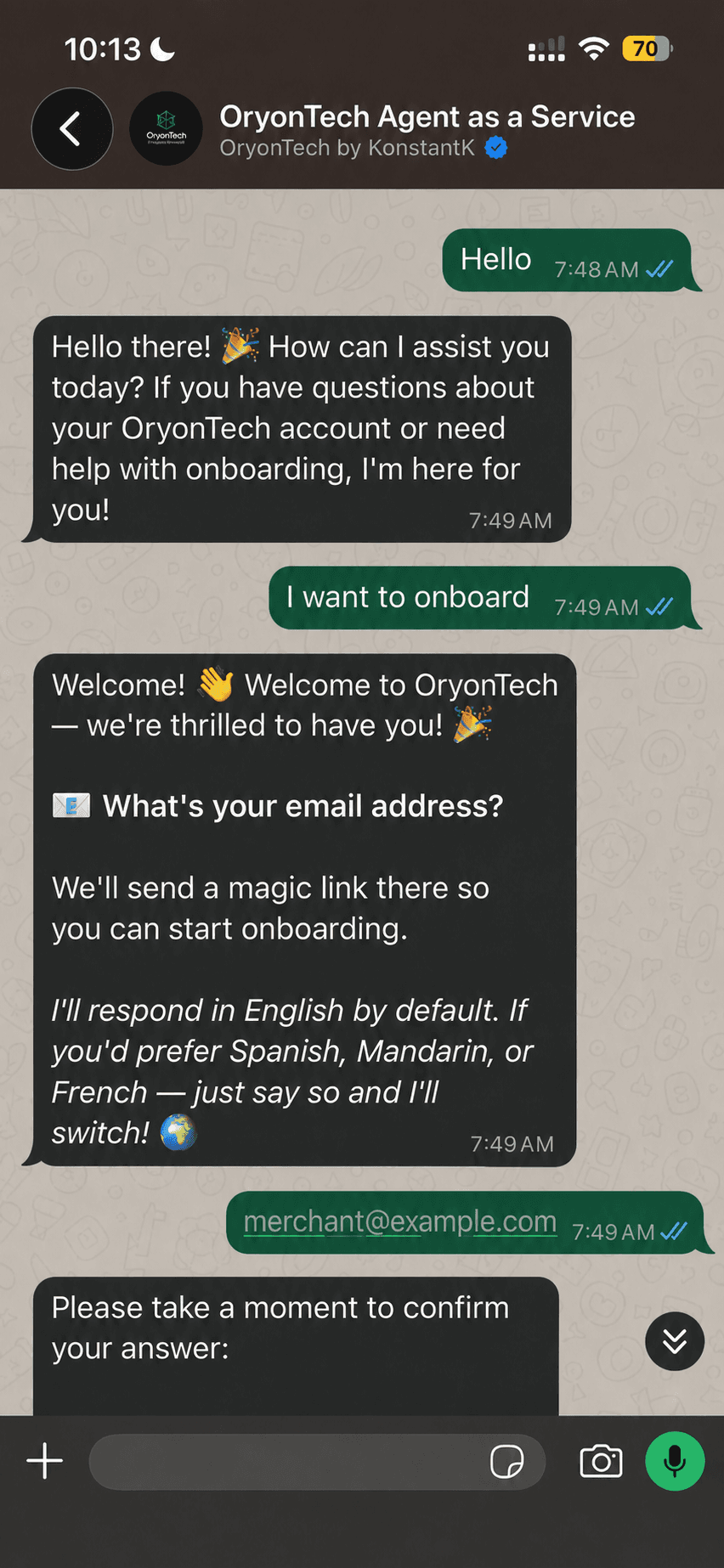OryonTech Agent as a Service starting a merchant onboarding conversation in WhatsApp